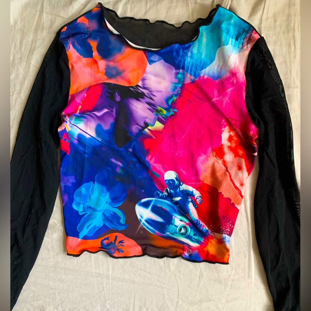 NWOT Trippy Colorful Long Sheer Sleeved Shirt w/ Mesh Back Lettuce Hem & Collar